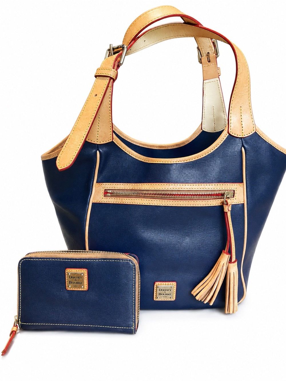 Dooney & Bourke Navy Leather Tote with Tan Trim and Tassel